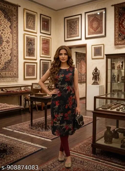 Floral Kurti for Women (Black, S)
