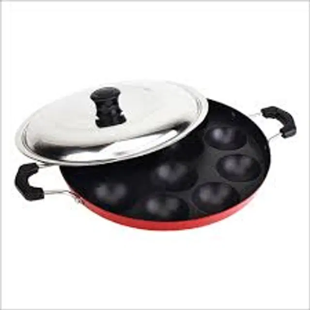 ZODEX 12 Cavities Non Stick Appam Patra with Lid and Side Handle, Multicolor, 21 cm