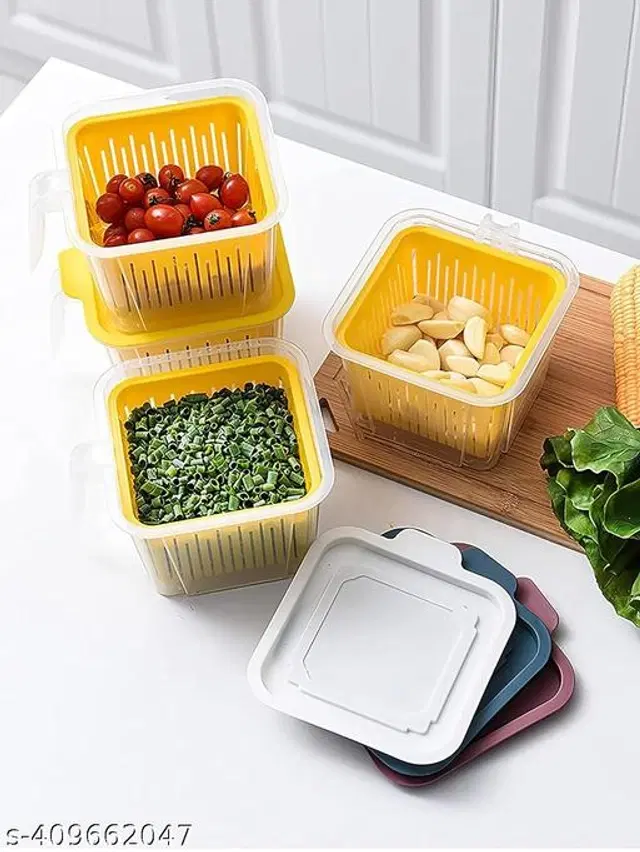 Plastic Fridge Storage Container, Yellow, 1000 ml, Pack of 4