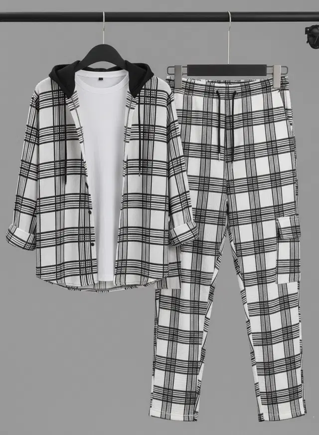 Check Printed Night Suit For Men  White , (M)