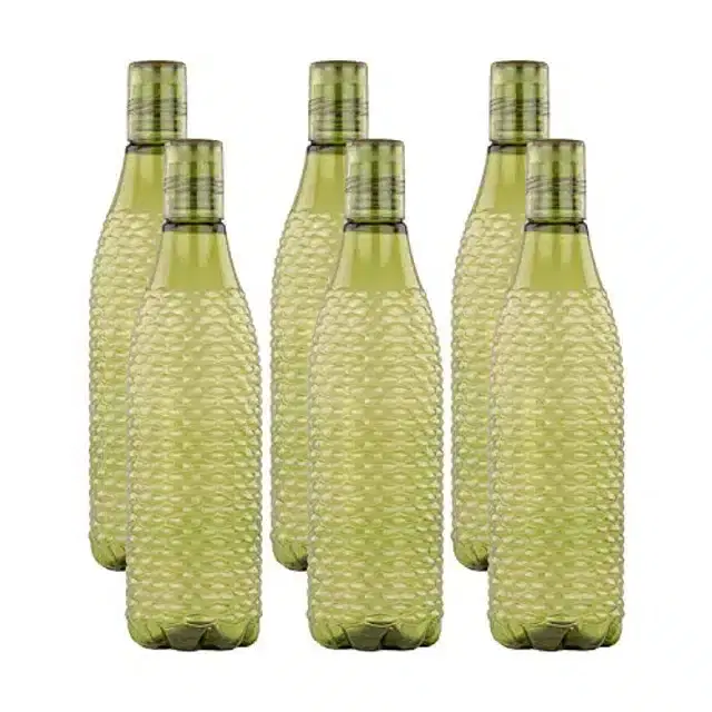 Airtight Plastic Water Bottle with Lid, Green, 1000 ml, Pack of 6