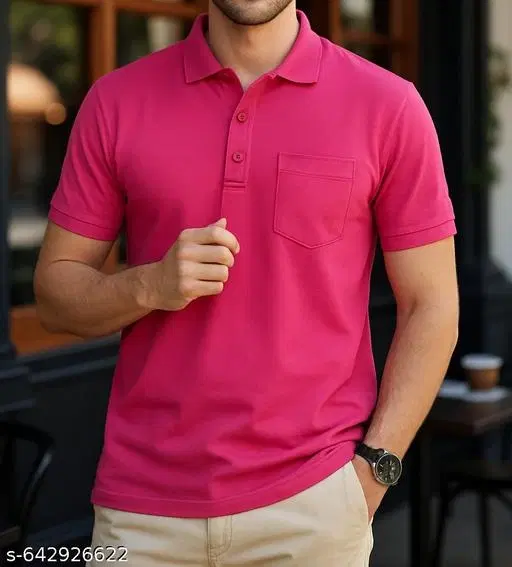 Cotton Blend Solid T-shirt for men, Pink (L)