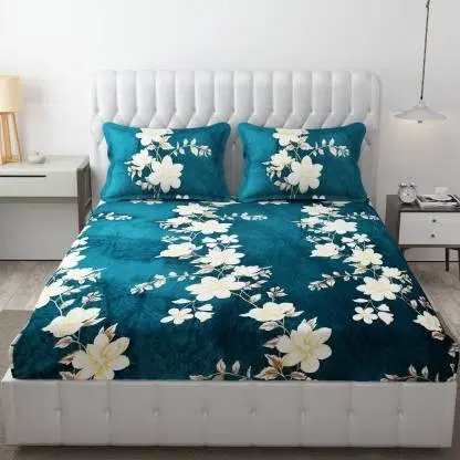 Fleece Floral Fitted Bedsheets with Two Pillow Covers, Teal, 78x72x8 Inches