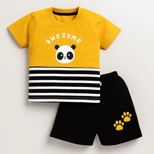 Cotton Blend Printed Clothing Set for Boys, Yellow & Black (0-6 Months)