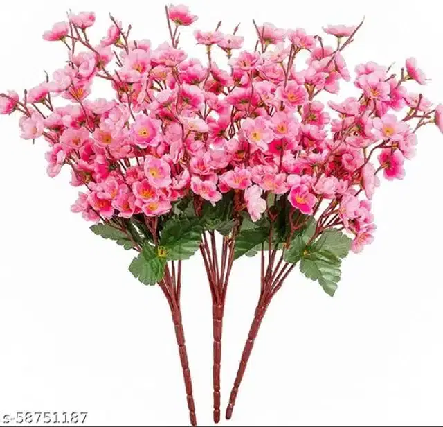 Polyester Artificial Flowers Bunch, Pink & Green, Pack of 3