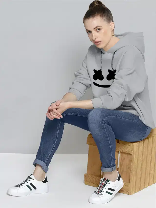Full Sleeves Printed Hoodie for Women (Grey, S)