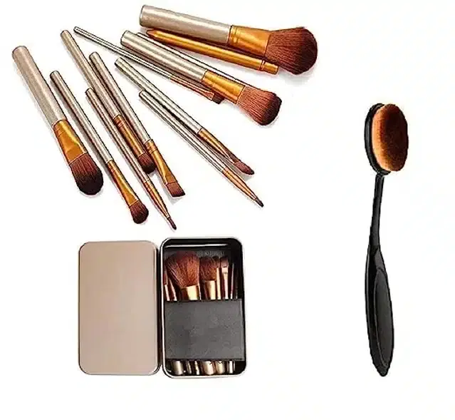 Face & Eye Makeup Brush with Storage Box, Brown, Pack of 12