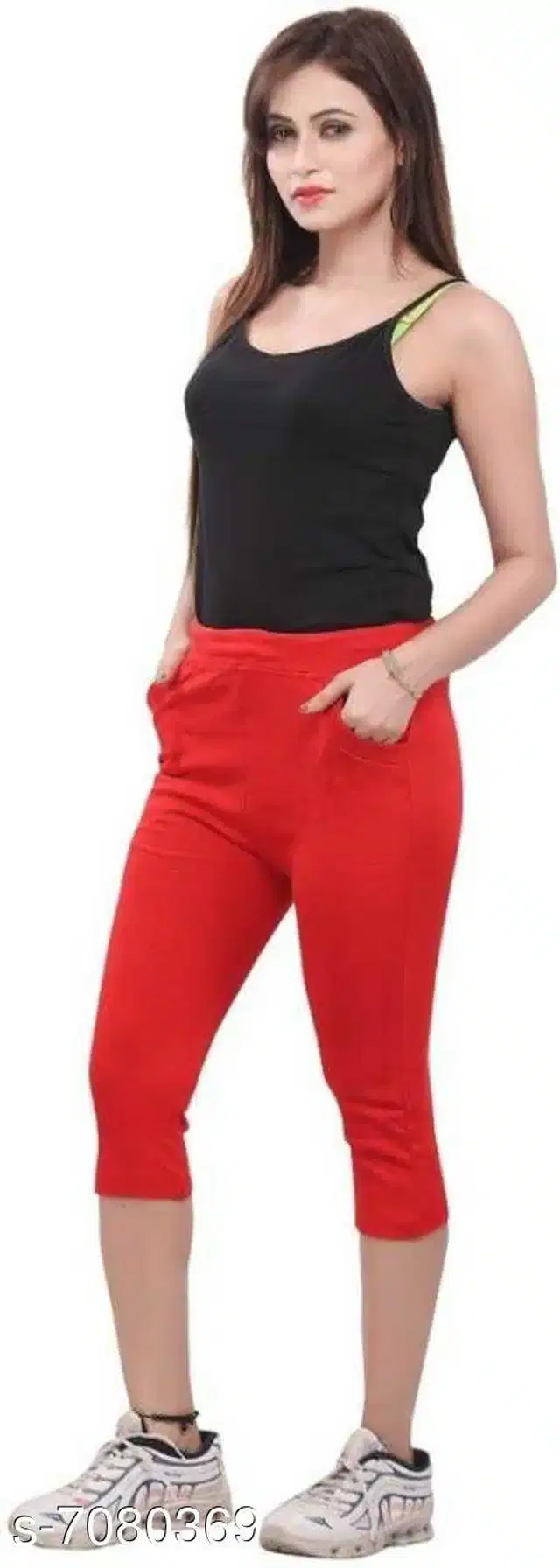 Cotton Blend Capri for Women (Red, 28)
