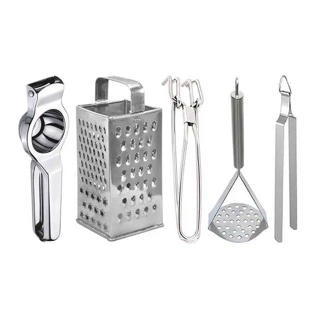 Oc9 Stainless Steel Lemon Squeezer & 4 in 1 Grater Or Slicer & Utility Pakkad & Potato Masher & Roti Chimta Kitchen Tool Set, O-139