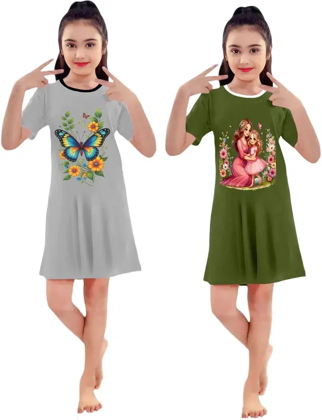 Graphic Print Shift Dress for Girls, Pack of 2 (Grey & Olv, 4-5 Y)