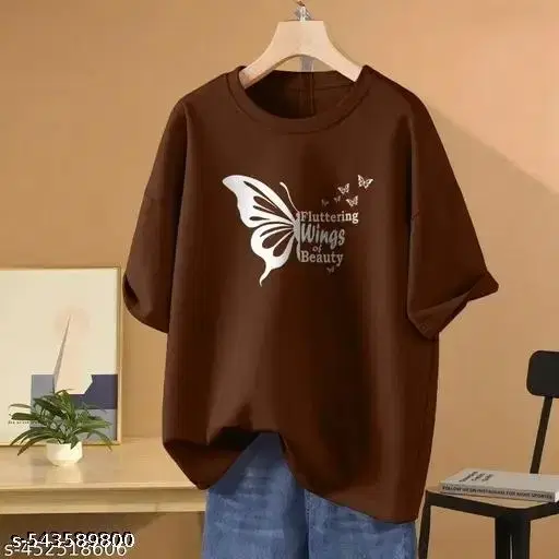 Round Neck Printed T-Shirt for Women, Brown (XXL)