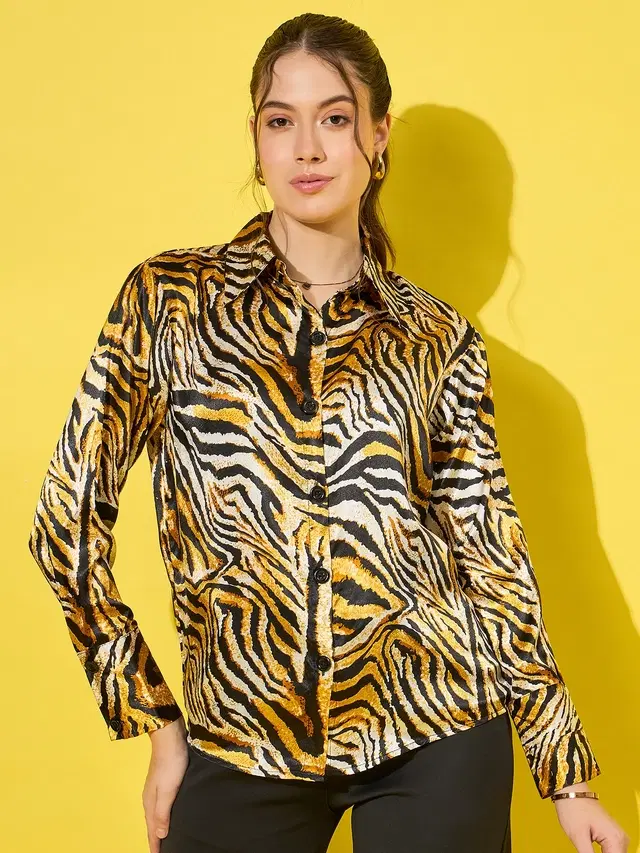 Full Sleeves Printed Shirt for Women (Yellow, XL)