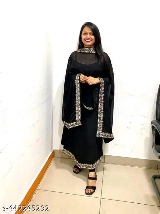 Refined Dupatta Set for Women (Black, XS)