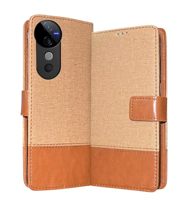 Artificial Leather Mobile Flip Cover for Vivo V2426 / T3 Ultra / V40 5G, Brown