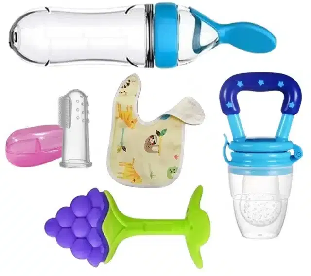 Silicone Fruit & Food Feeder, Bid, Teether with Finger Toothbrush for Kids, Multicolor, Set of 5