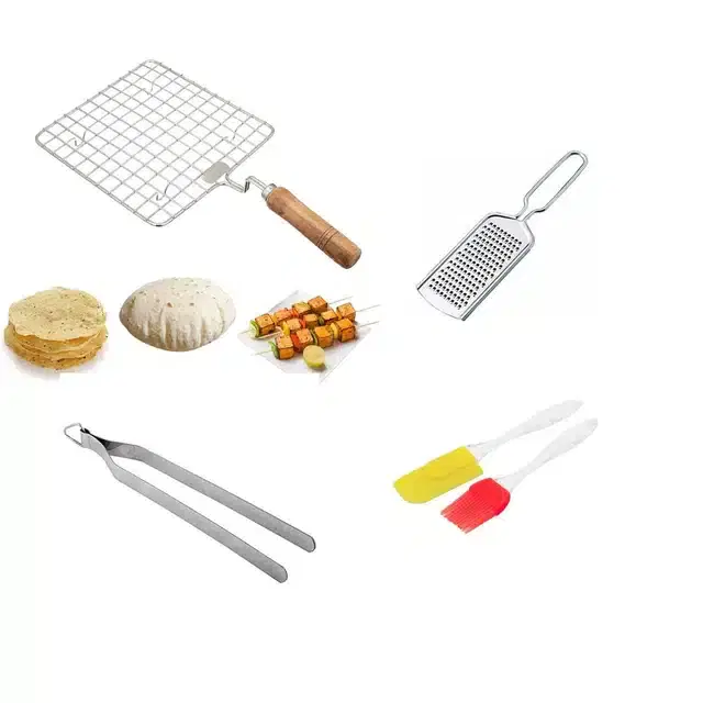 Stainless Steel Cheese Grater, Steel Wire Roaster, Oil Brush Set & Chimta, Combo of 4