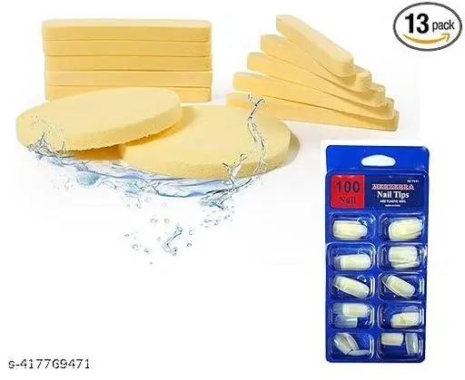 Combo of 12 Pcs Compressed Makeup Removal Sponges & 100 Pcs Artificial Nails, Set of 2