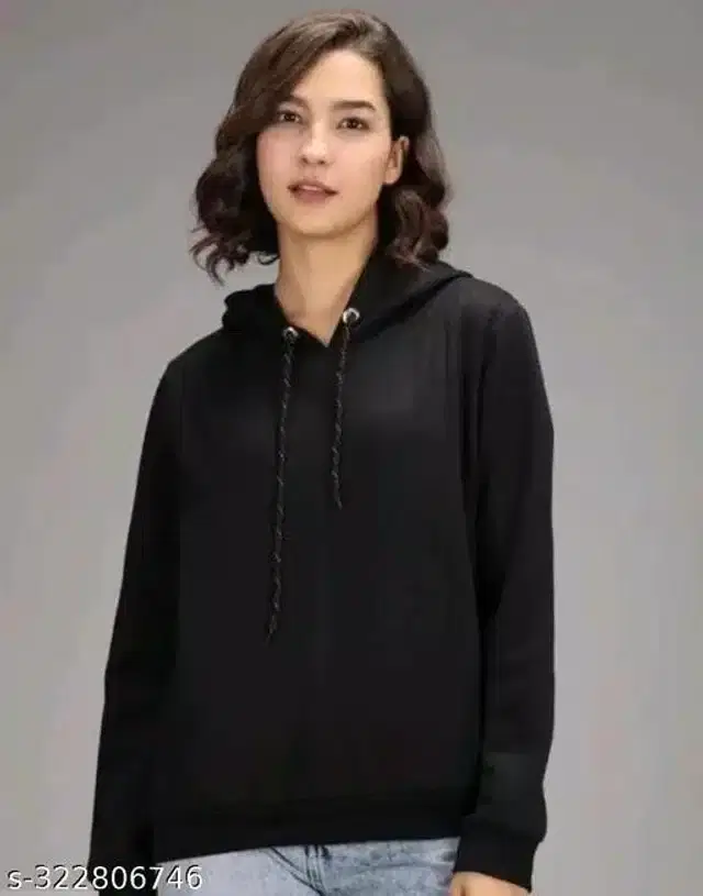 Fleece Full Sleeves Hooded Sweatshirt for Women (Black, M)