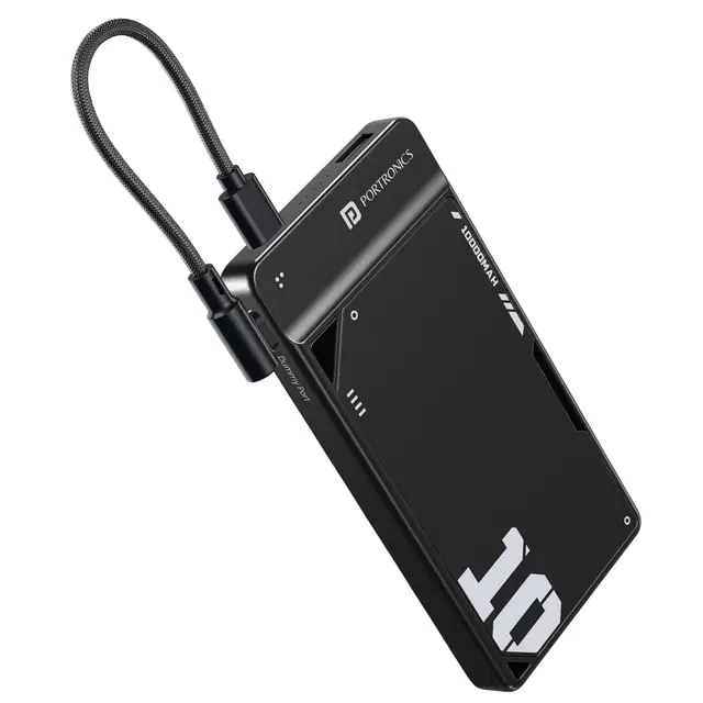 Portronics 10000 MAh 22.5W Fast Charging Power Bank with Detachable Type C Cable, Black