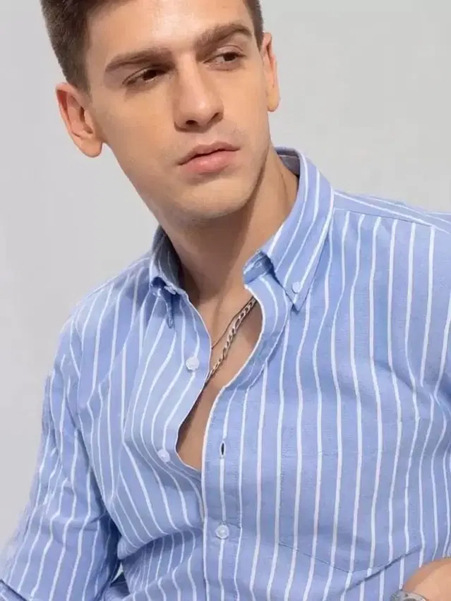 Spread Collar Men Shirt Striped Blue, M