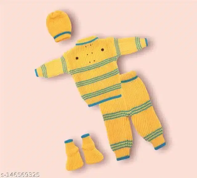 Woolen Striped Sweater with Pyjama & Cap with Socks for Kids (Yellow, 0-3 Months)