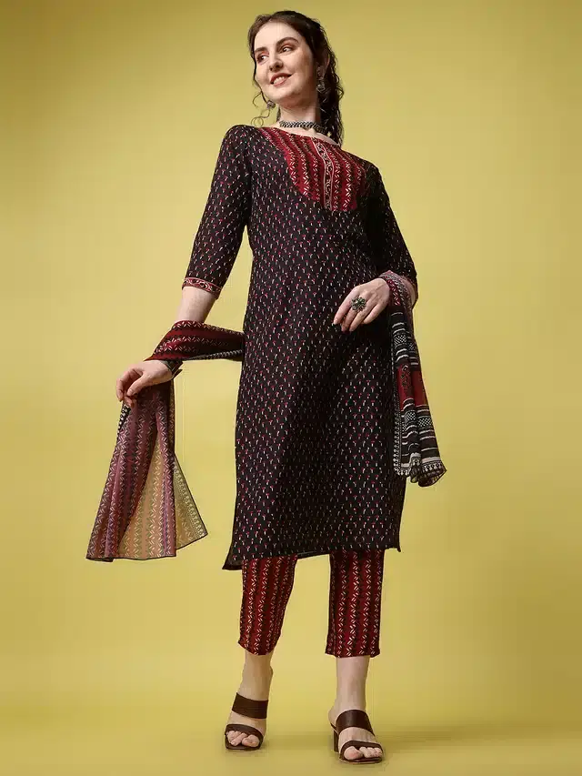 Embroidered Kurta Set with Dupatta for Women (Maroon, L)