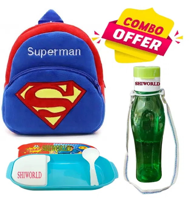 Combo of Fabric School Bag, Water Bottle with Lunch Box for Kids, Multicolor, Set of 3