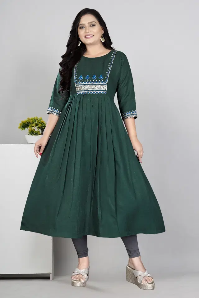 Zari Embroidered Cotton Blend Anarkali Kurti for Women (Green, M)
