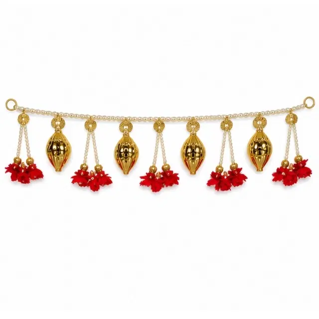 Pearl Beads Door Hanging Toran With Golden Kalash And Red Flower Tassels
