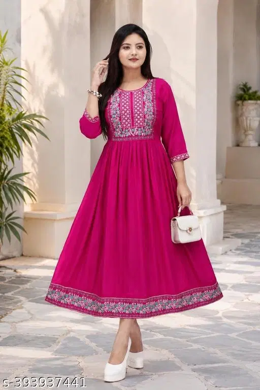 Embroidery Cotton Rayon Fabric Kurta for Women (Pink, XS)