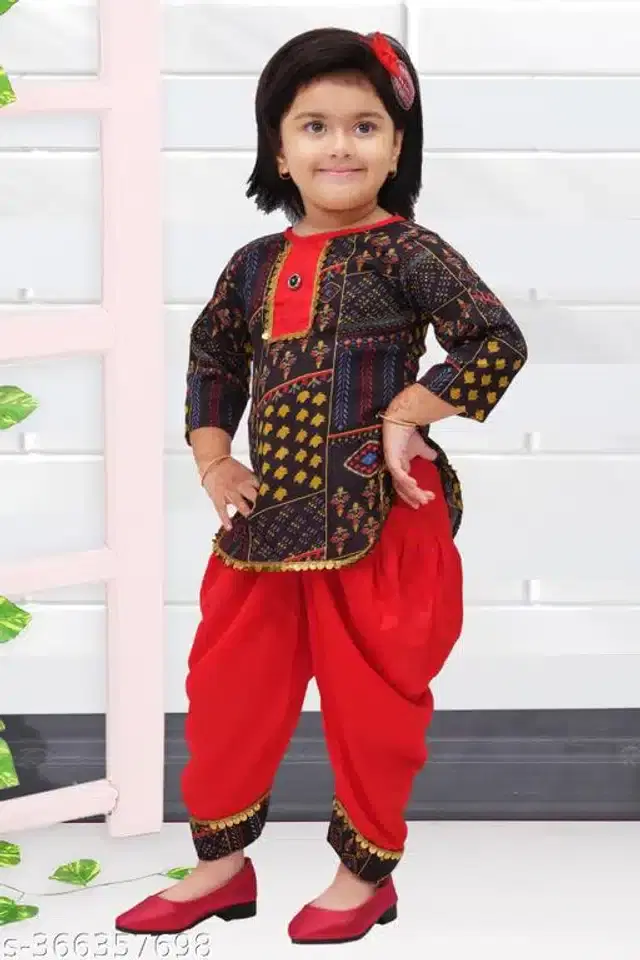 Cotton Linen Clothing Set for Girls (Black & Red, 9-10 Years)