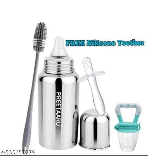 Steel Feeding Bottle 250 Ml, Soft Silicone Fruit Nibbler, Bottle Cleaning Brush, With Silicone Teether