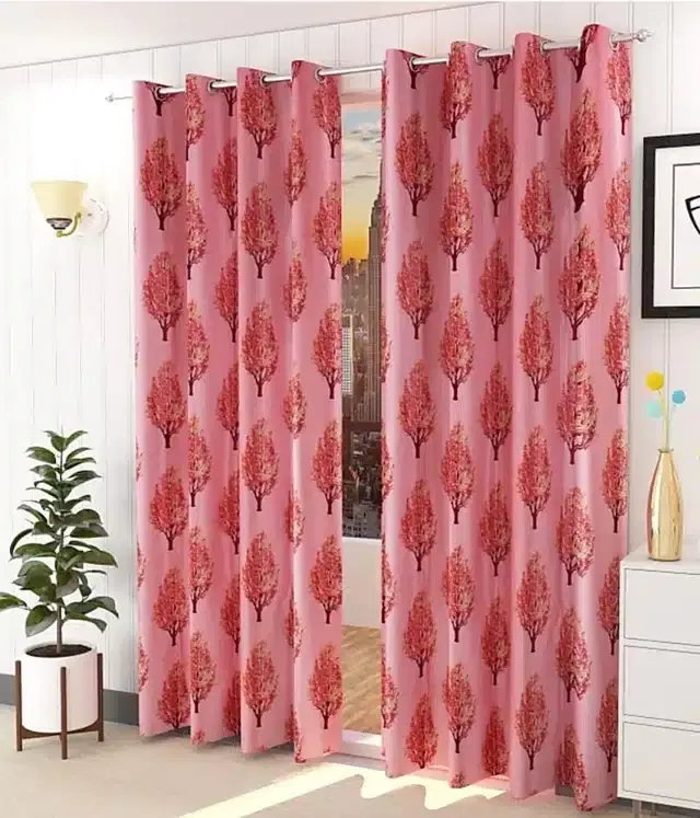 Polyester Printed Window & Door Curtains, Pack of 2, Red, 5 feet