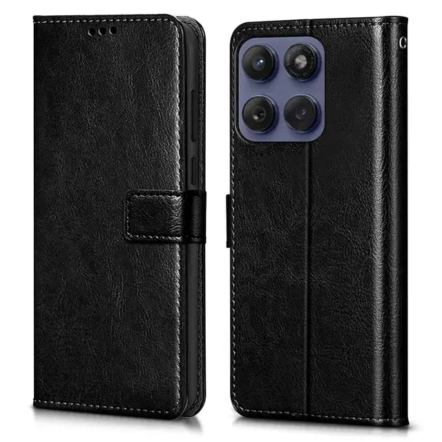 Artificial Leather Flip Cover For Motorola Moto Edge 60 Pro, Black