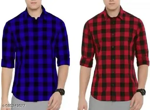 Cotton Blend Checked Shirts for Men, Navy Blue & Red, Pack of 2 (M)