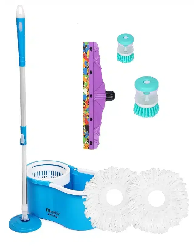 PVC Magic Spin Bucket Mop with 2 Refill & Cleaning Accessories Set, Blue, Set of 4