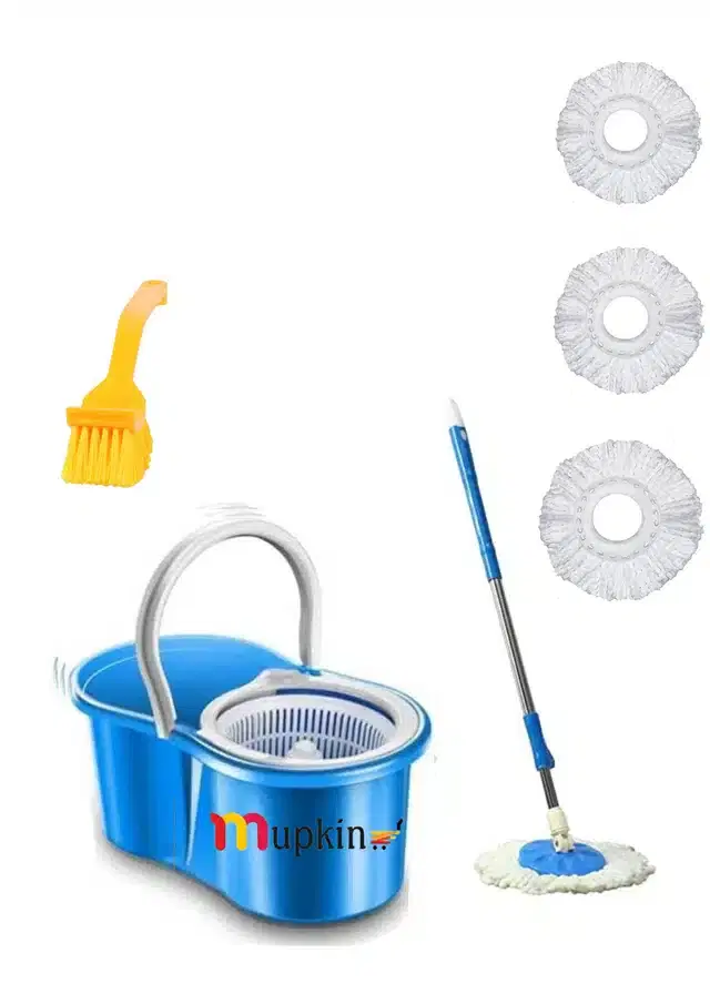 PVC Magic Spin Bucket Mop with 4 Refills & Cleaning Brush Set, Blue, Set of 2