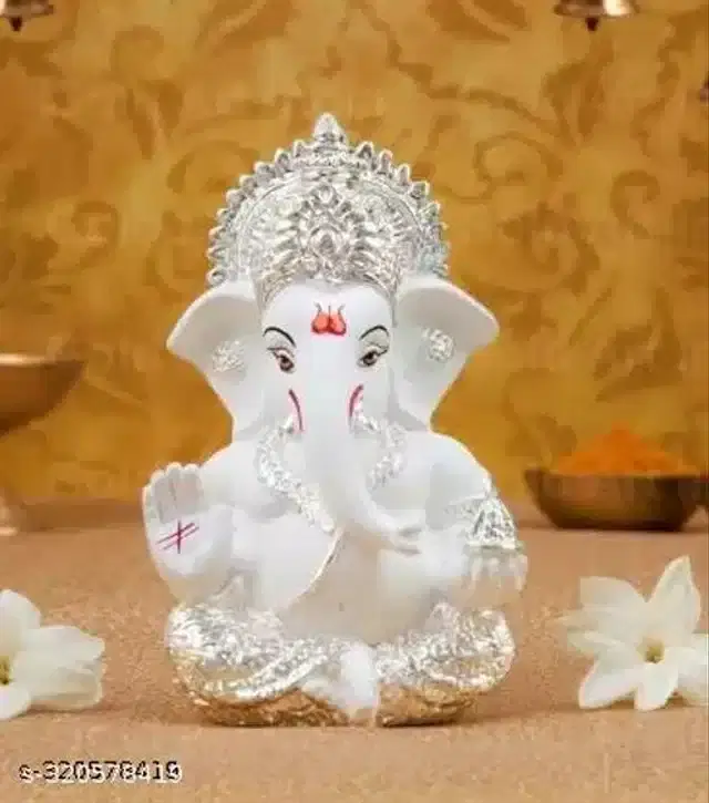 Resin God Ganesha Idol, White & Silver