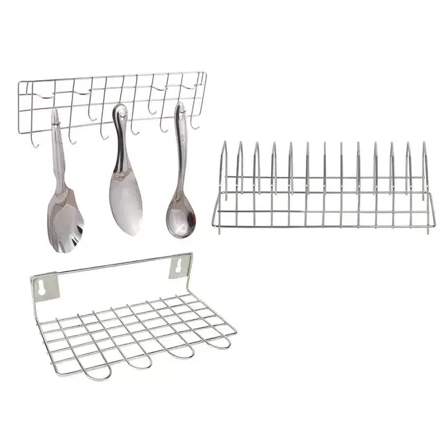 Stainless Steel Plate Stand & Wall Mounted Ladle Rail with Utensil Stand, Set of 3, Silver