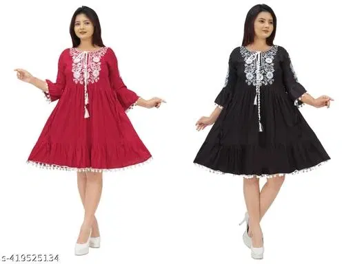 Bohemian Party Dress for Women, Pack of 2 (Maroon, XL)