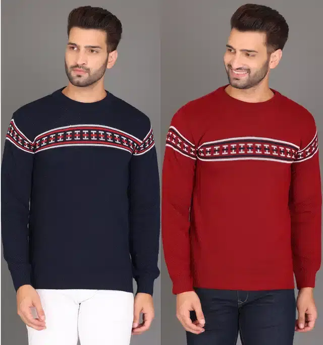 Cotton Jersey Printed Sweater for Men, Pack of 2 (Navy Blue & Maroon, M)