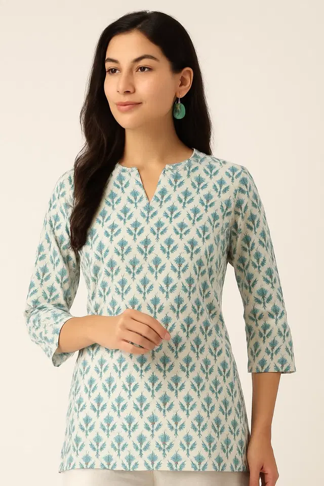 Rayon Block Print Short Kurti for Women, White (XL)