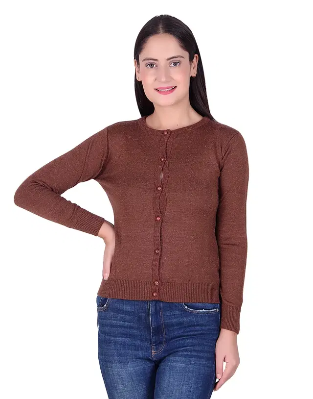 Round Neck Solid Cardigans for Women (Brown, XL)