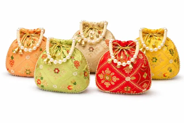 Handcrafted Embroidered Silk Potli Bag, Multicolour, Pack of 5