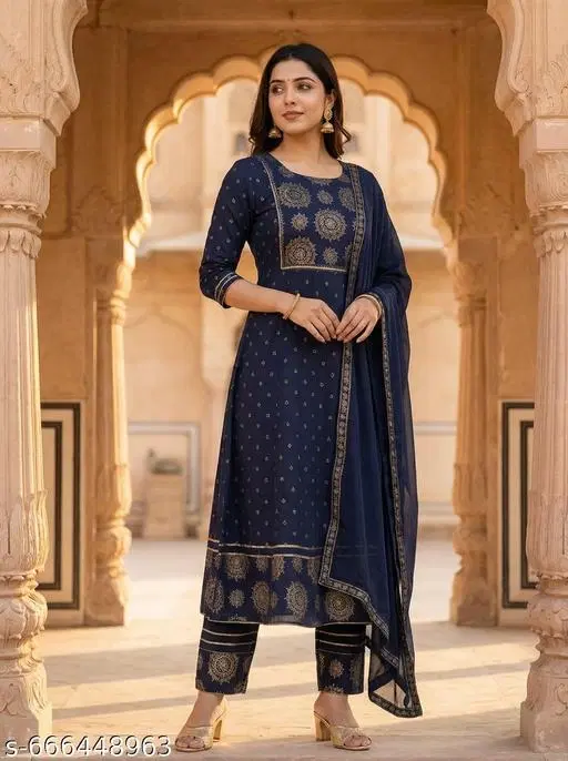 Printed Rayon Kurta Set for Women (Blue, M)