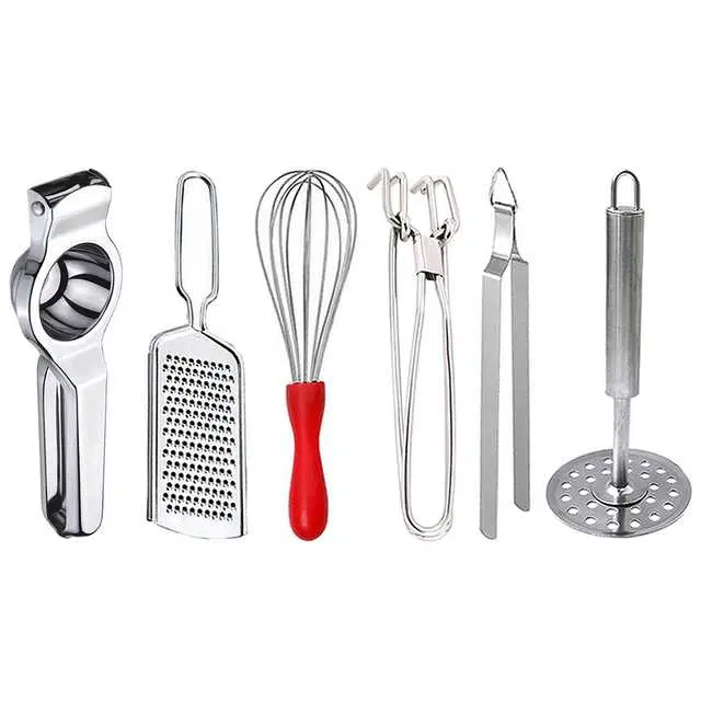 Oc9 Stainless Steel Lemon Squeezer & Cheese Grater & Egg Whisk & Pakkad & Roti Chimta & Potato Masher Kitchen Tool Set, O-143