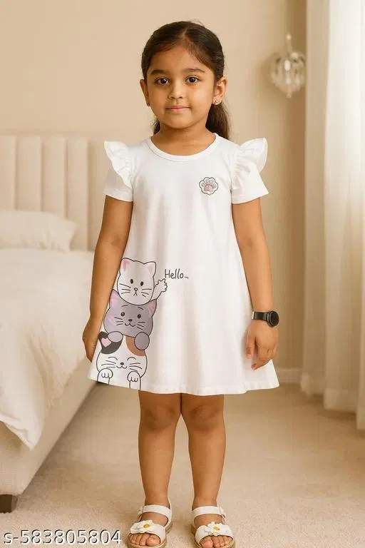 Hosiery Cotton Printed Frock for Girls, White (0-3 Months)