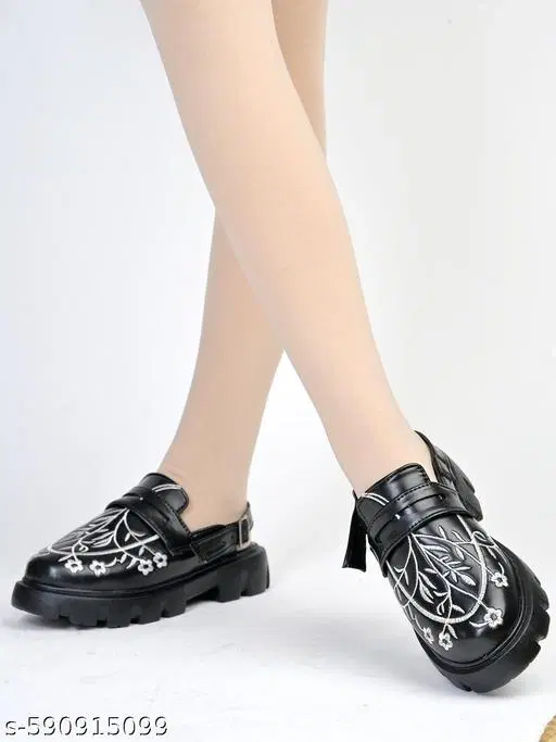 Printed Shoetopia Synthetic Loafers for Women (Black, IND-3)