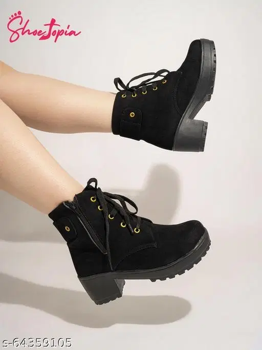 Shoetopia Solid Synthetic Platform Mid-Top Boots Black (3)