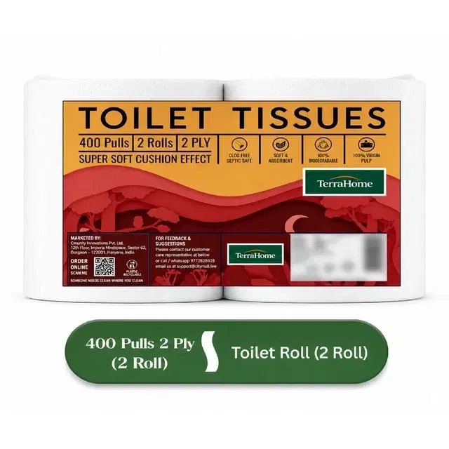 TerraHome Toilet Tissue Paper Rolls, 2 Ply, 400 Pulls [2 x 200 Pulls]